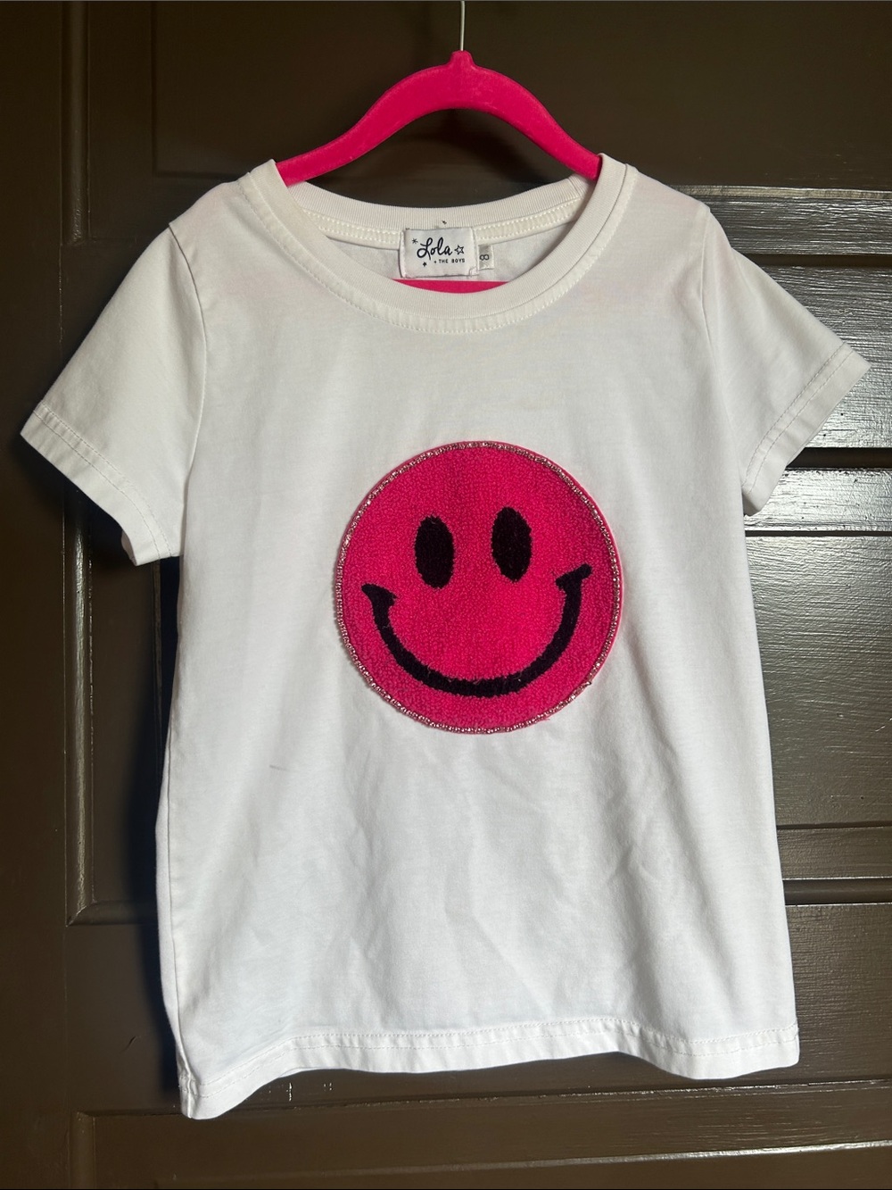Lola + The Boys White Tee with Hot Pink Smiley Patch